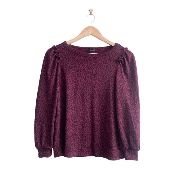 Banana Republic Womens Knit Top Puff Long Sleeve Animal Print Maroon Small - Picture 1 of 7